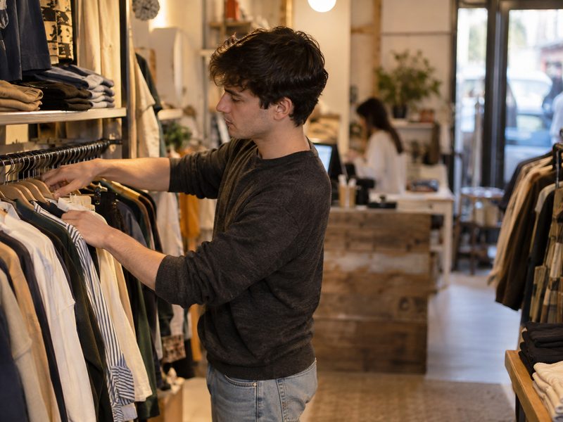 Chico joven colocando ropa en una tienda pequeña