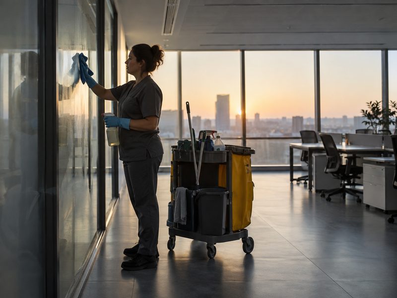 Mujer limpiando el cristal de una oficina a primera hora de la mañana