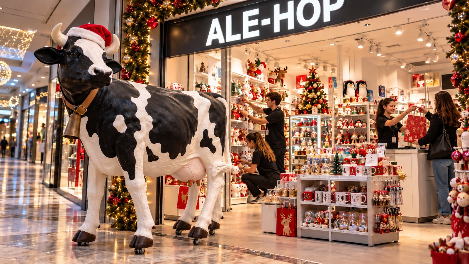 Ayudantes de dependiente colocan productos en una tienda Ale-Hop decorada para la campaña de Navidad