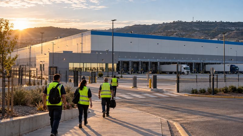 Trabajadores con chaleco entrando al amanecer al nuevo centro logístico de Amazon en La Muela, Zaragoza