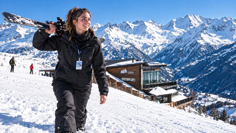 Trabajadora de temporada con los esquís al hombro y el forfait colgado, en las pistas de Formigal junto al restaurante Cantal