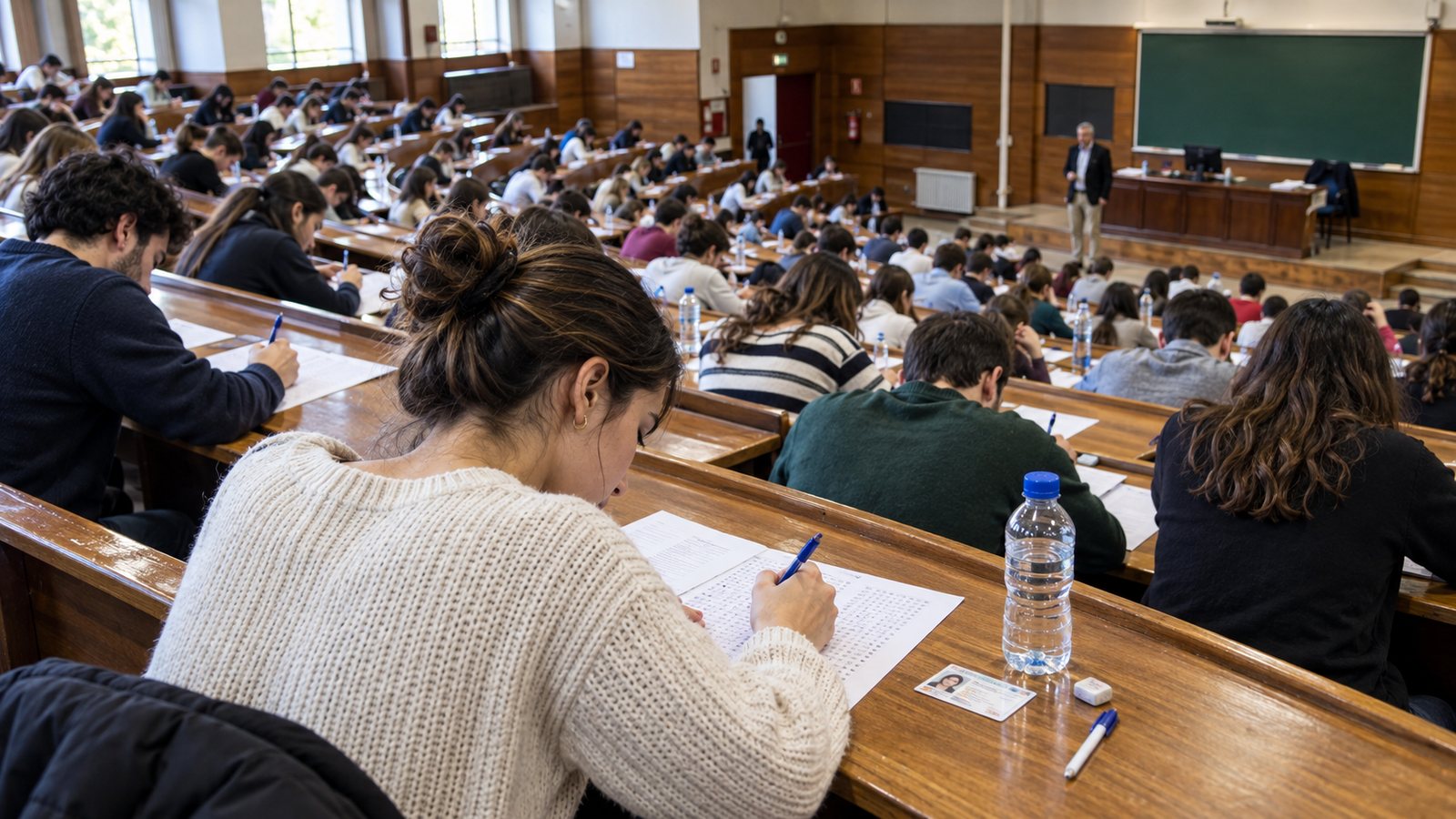 Opositores haciendo un examen tipo test en un aula de Madrid