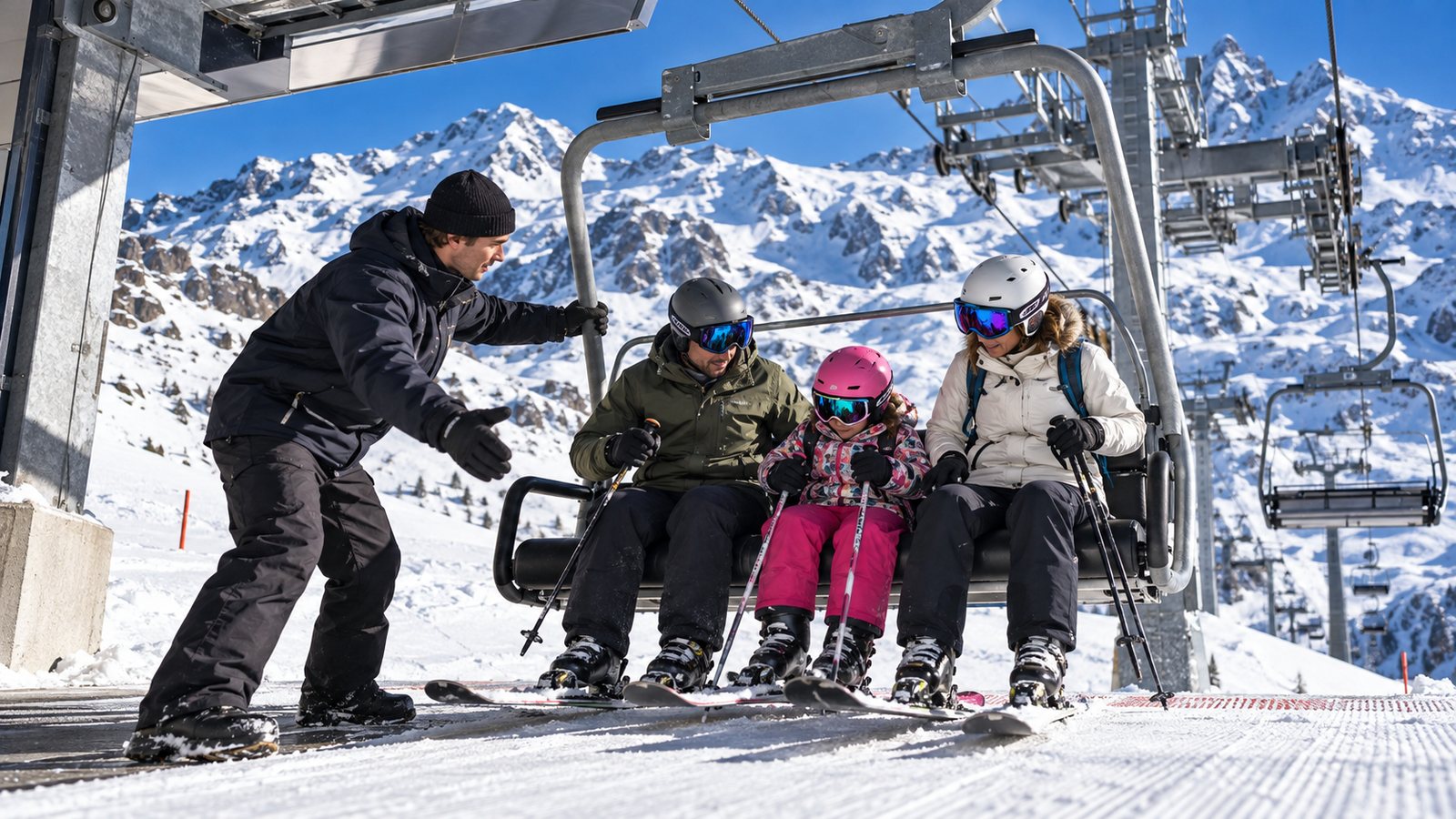 Trabajador de remontes de Candanchú ayudando a una familia a subir al telesilla en el Pirineo de Huesca