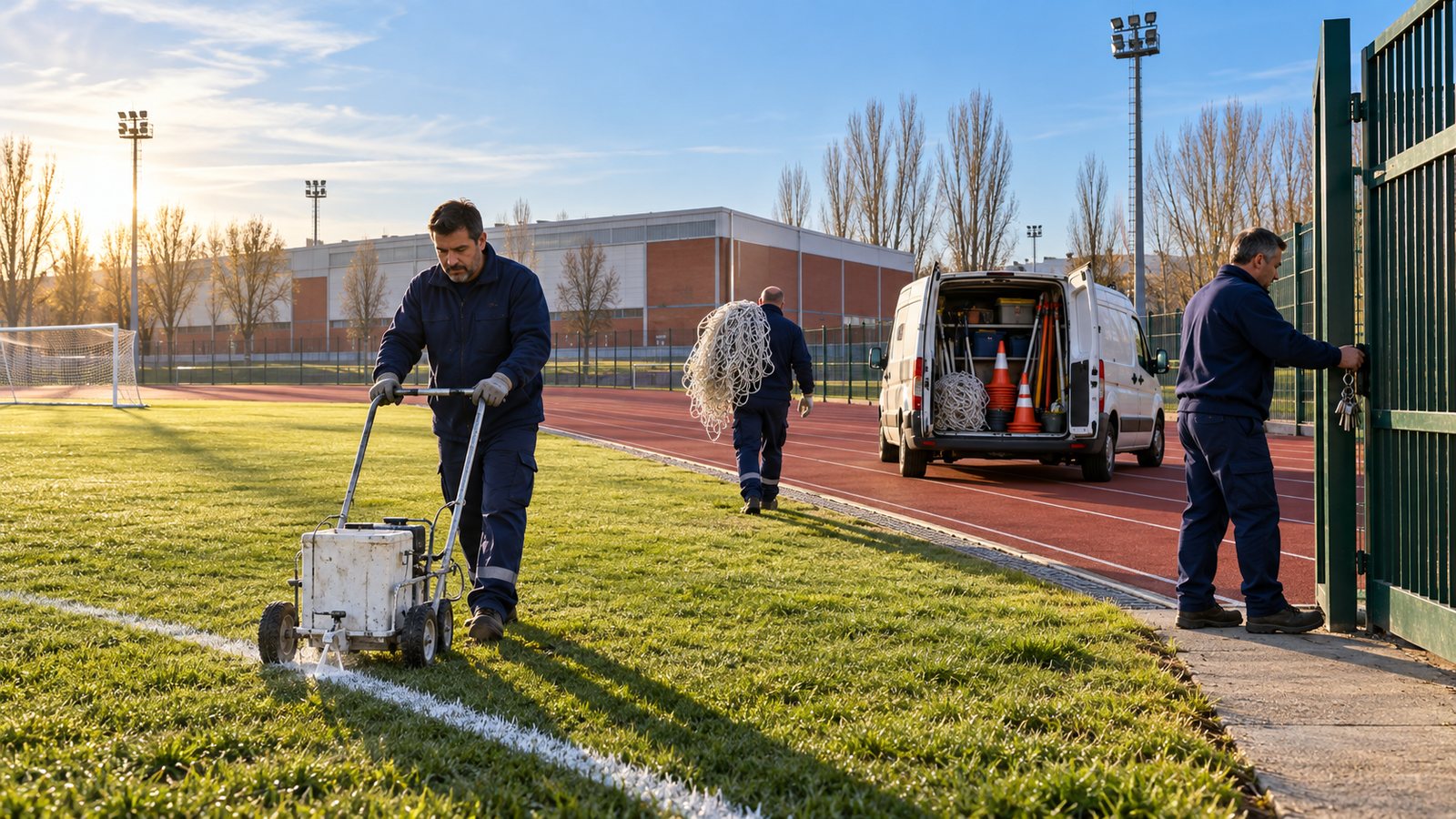 Operario del Patronato Municipal de Deportes de Fuenlabrada trabajando en un polideportivo municipal