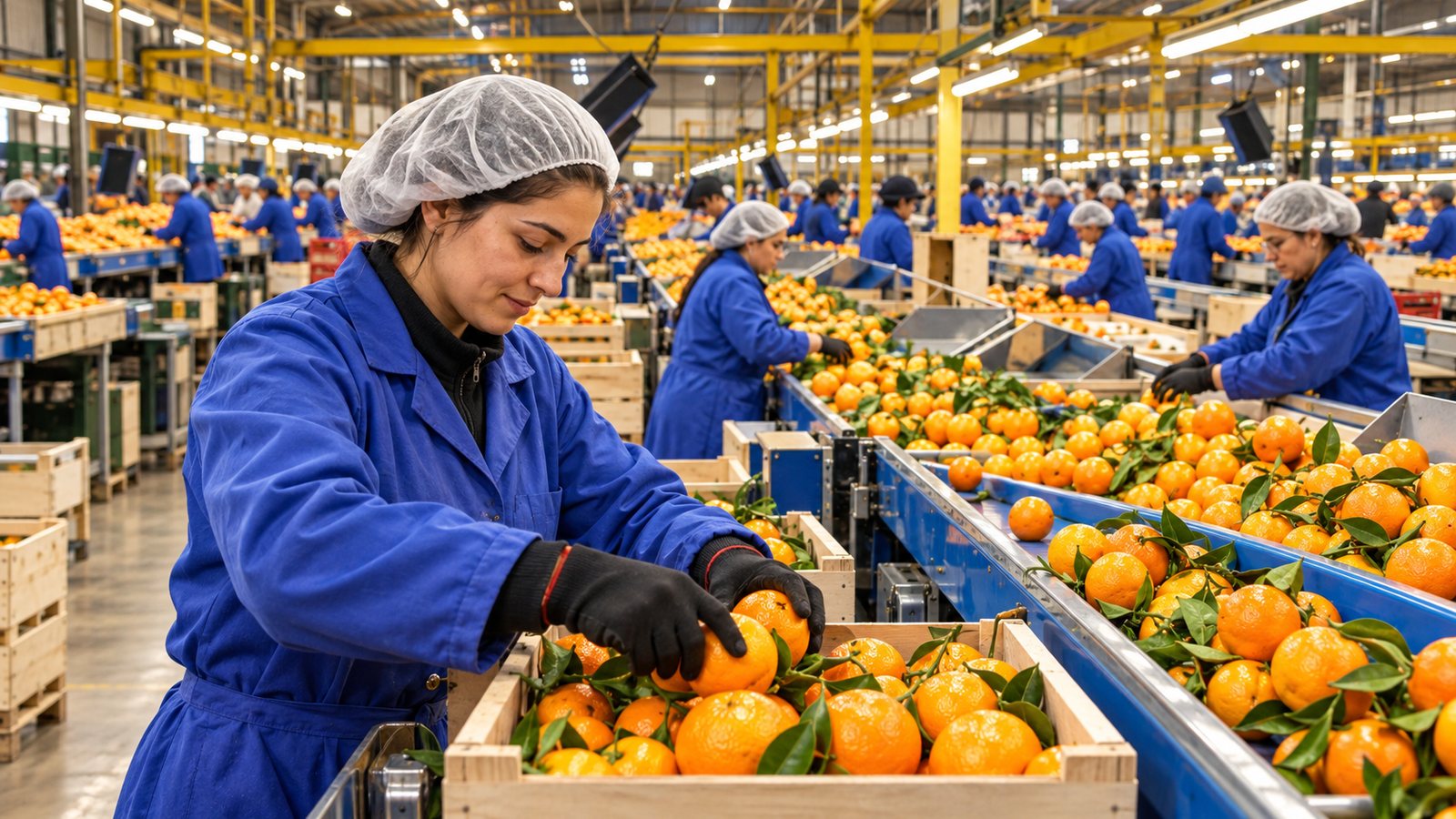 Trabajadoras encajando naranjas en la línea de un almacén de cítricos de la Comunidad Valenciana