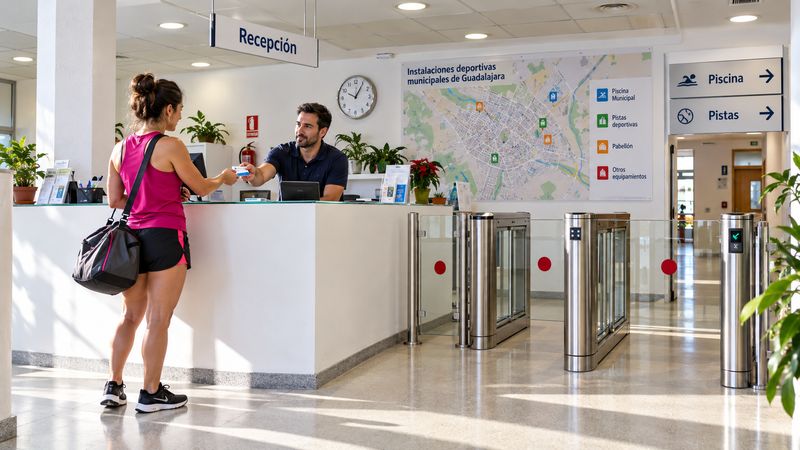 Recepción de un polideportivo municipal de Guadalajara con un auxiliar en el mostrador junto a los tornos de acceso
