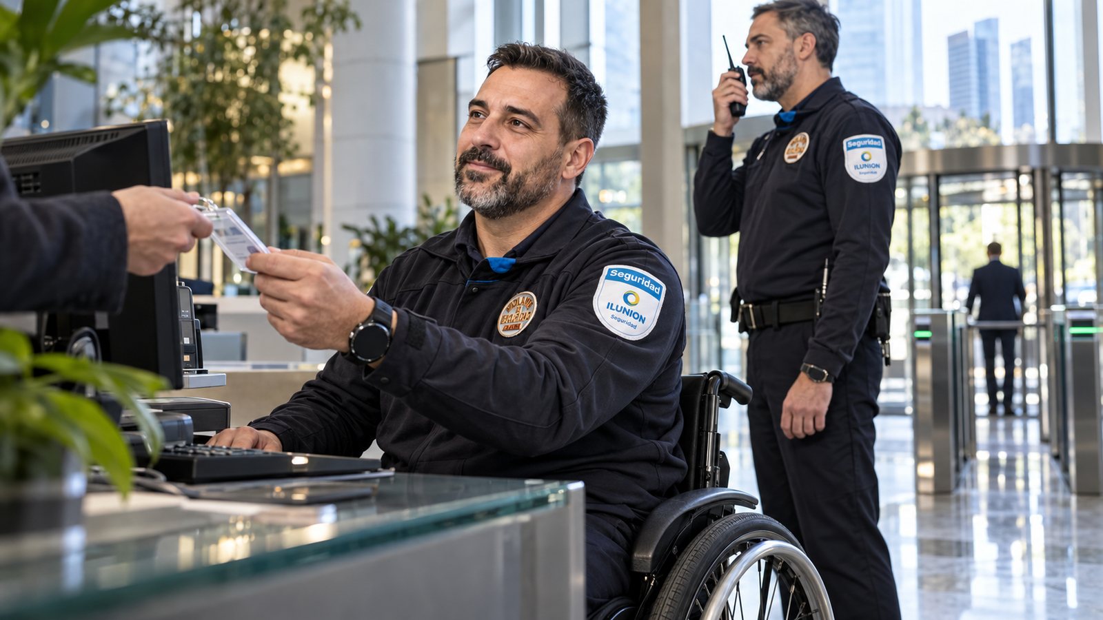 Vigilante de seguridad de Ilunion en silla de ruedas trabajando en el control de acceso de un edificio de oficinas de Madrid