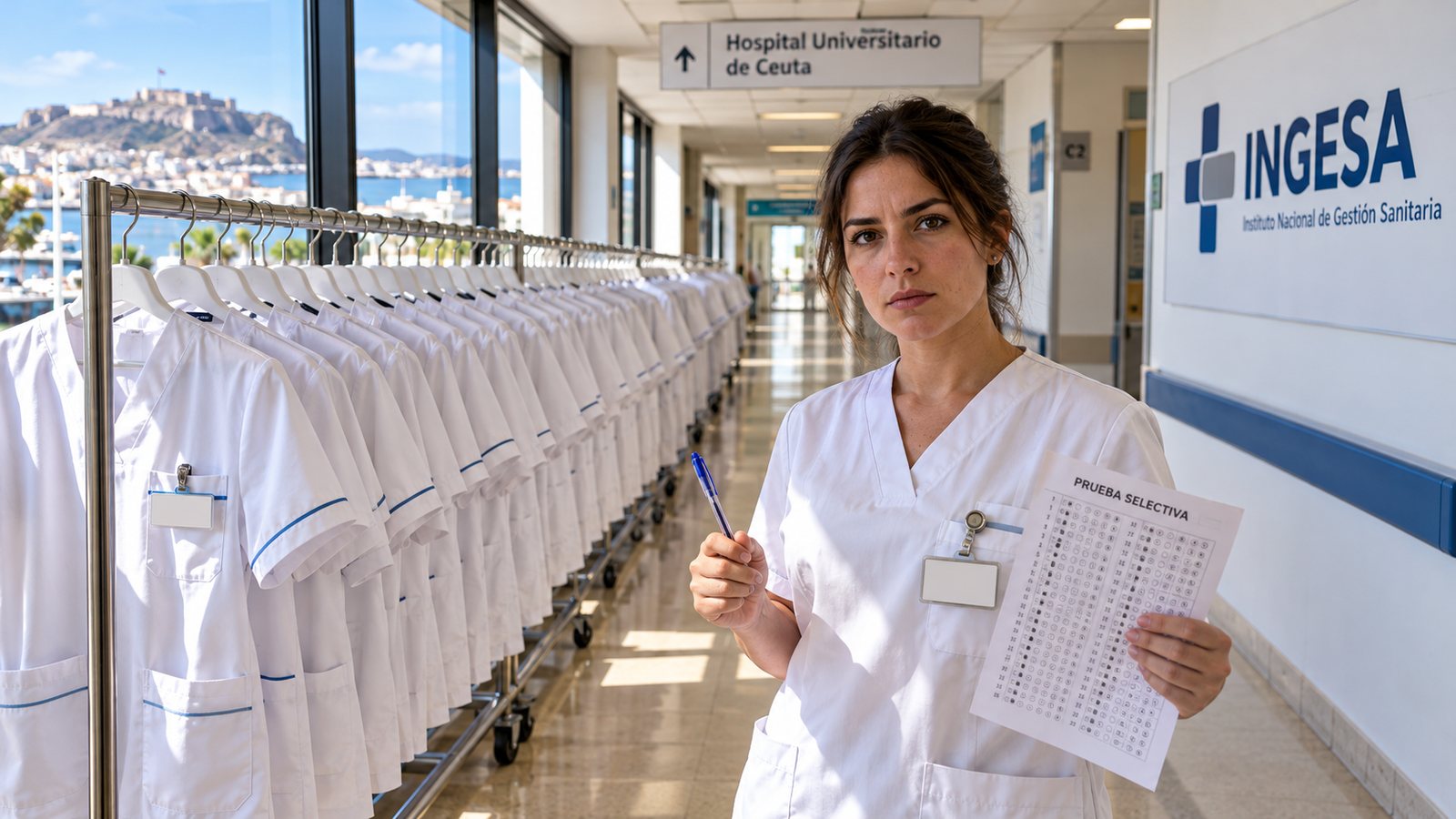 Enfermeras y enfermeros con uniforme del hospital en un pasillo del Hospital Universitario de Ceuta