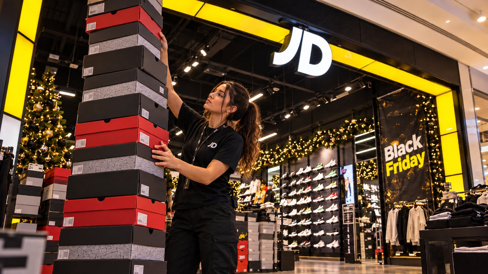 Dependientes de JD Sports colocan zapatillas en una tienda de Madrid preparada para Black Friday y Navidad