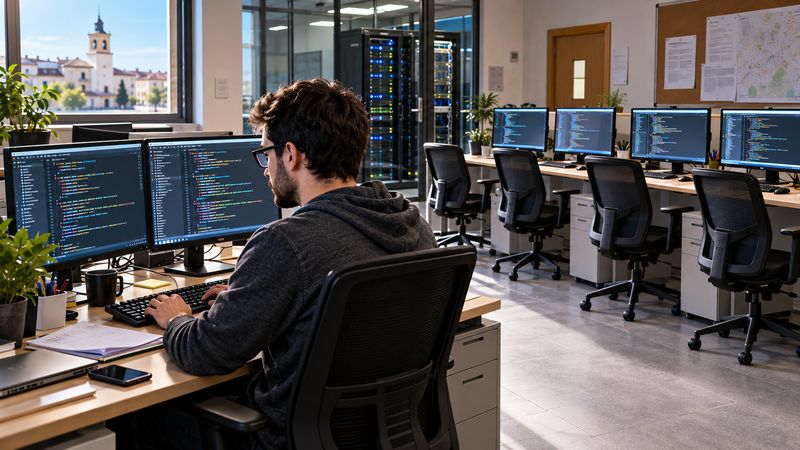 Analista programador trabajando con código en una oficina municipal del Ayuntamiento de Leganés