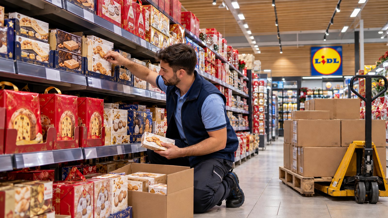 Cajera-reponedora de Lidl colocando productos navideños en una tienda de la cadena en España
