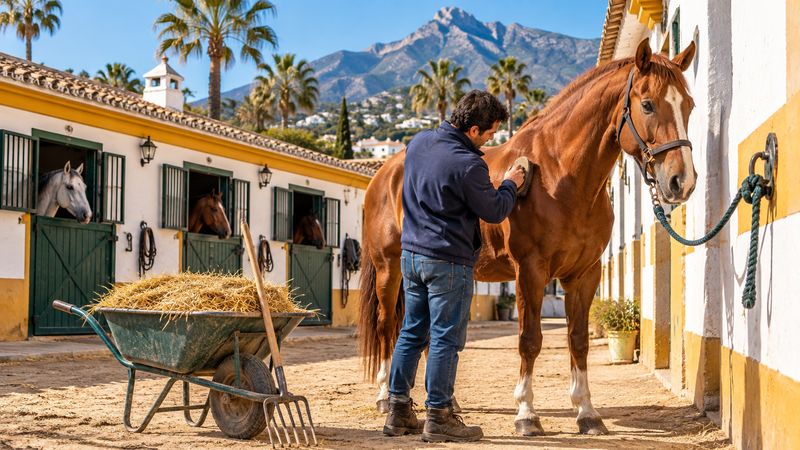 Mozo de cuadra cepillando un caballo en una cuadra municipal de Marbella con la sierra al fondo