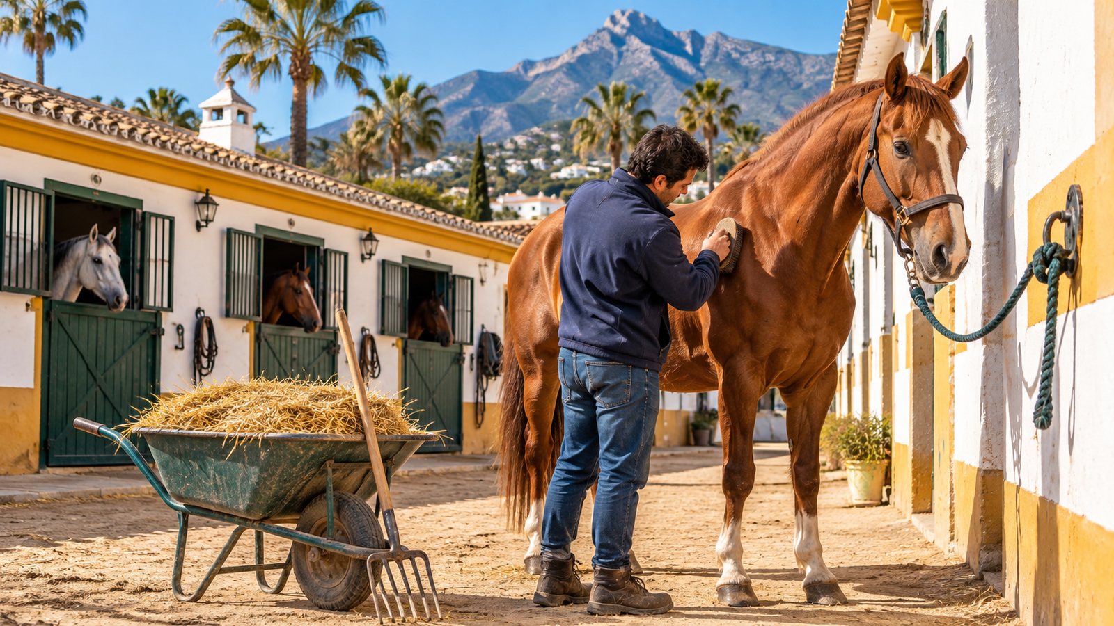 Mozo de cuadra cepillando un caballo en una cuadra municipal de Marbella con la sierra al fondo
