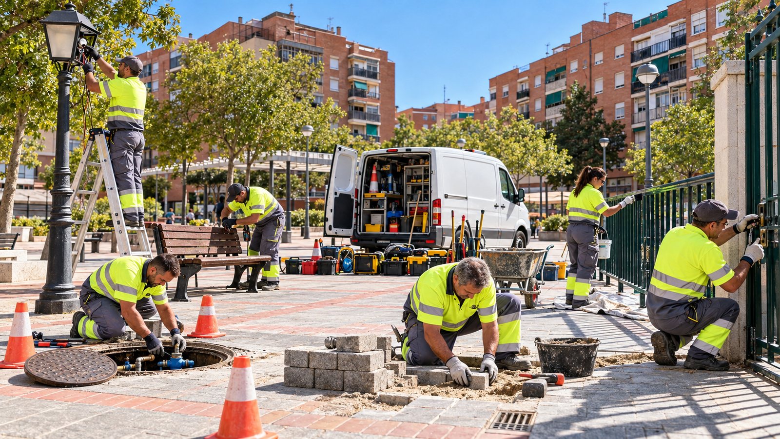 Operarios municipales de Móstoles con herramientas de electricidad, fontanería, carpintería, albañilería, pintura y cerrajería