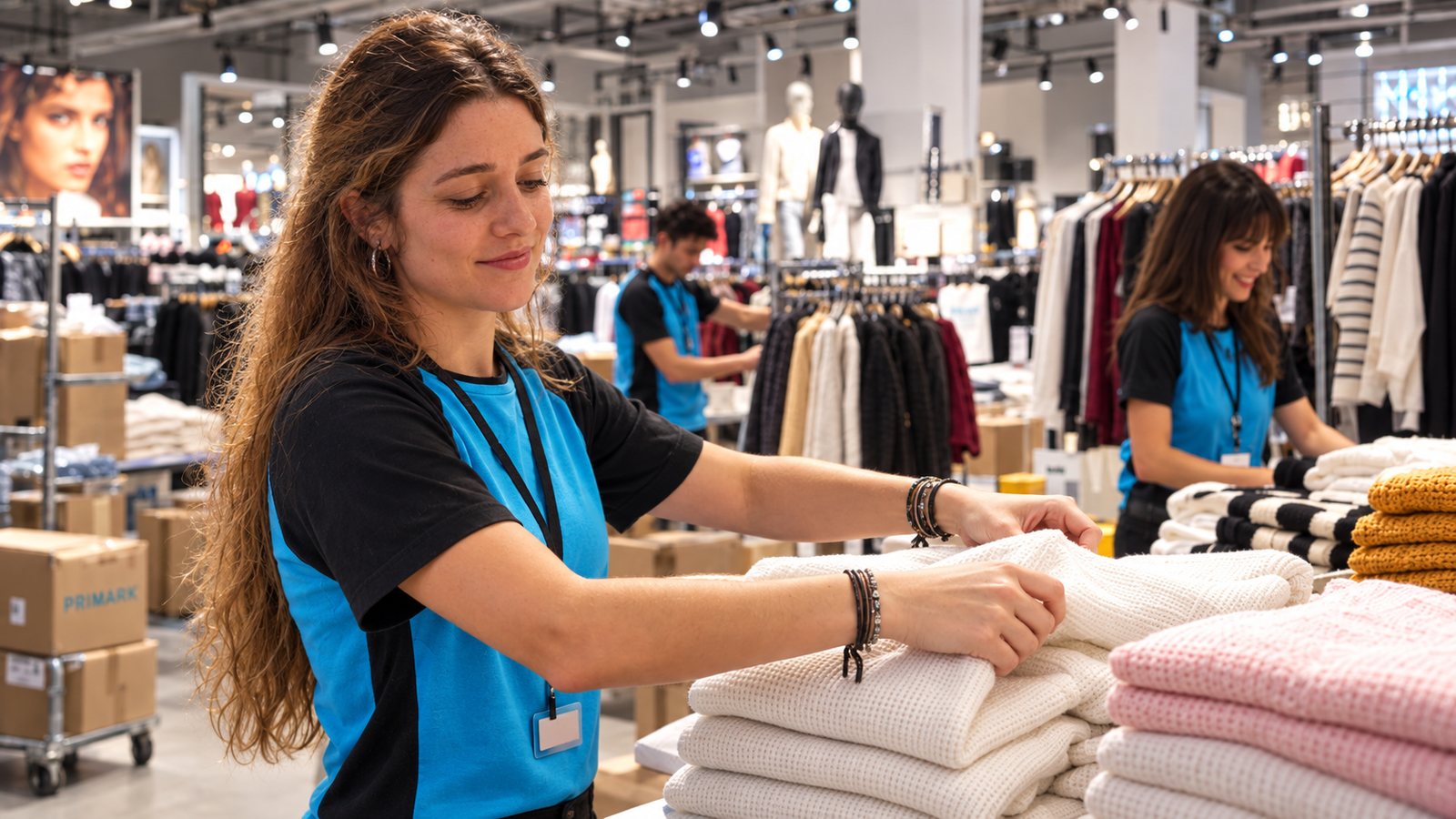 Dependientes de Primark doblando ropa en una tienda nueva antes de abrir
