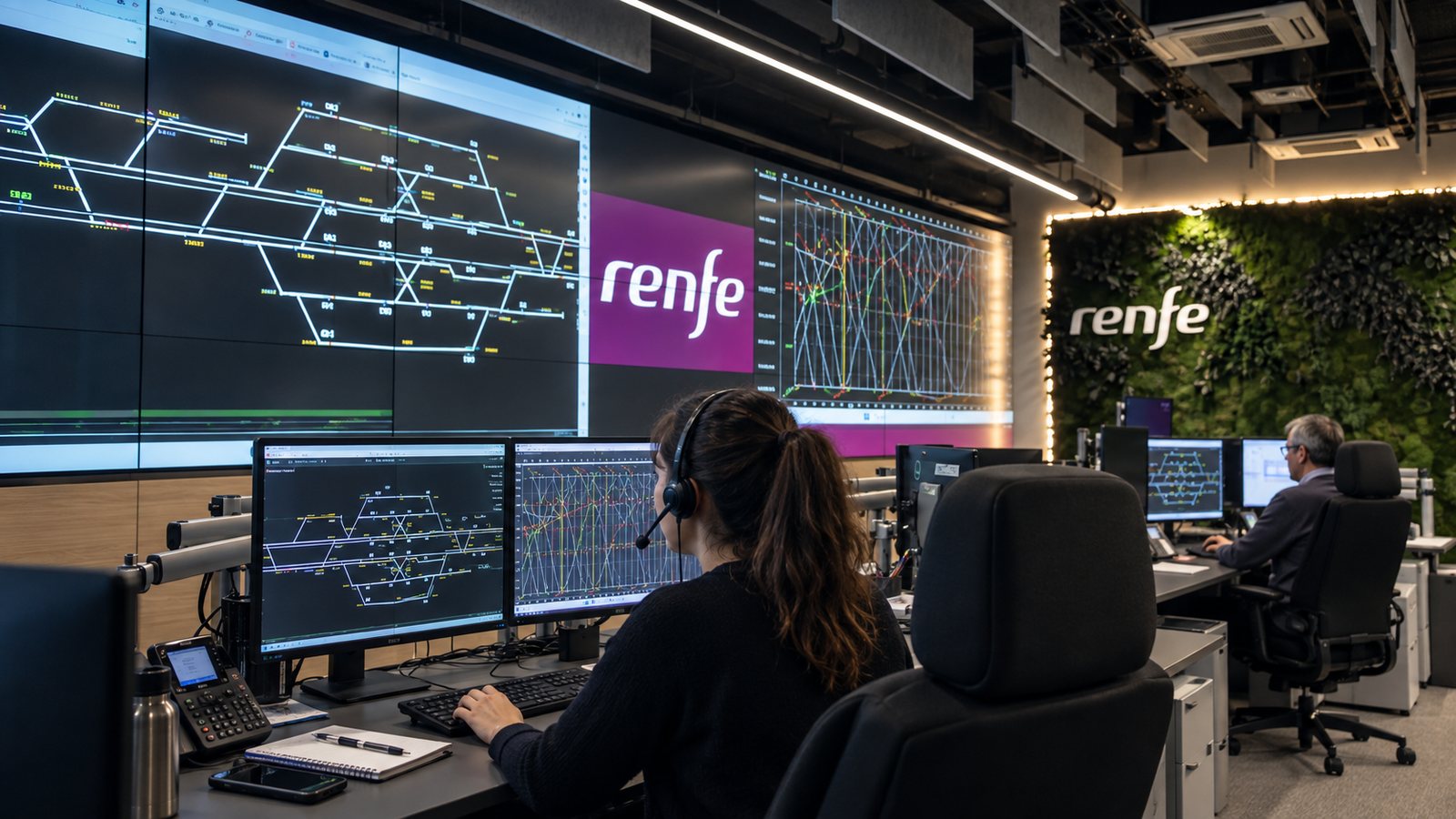 Operadores de Renfe trabajando ante las pantallas de un centro de gestión de incidencias ferroviarias