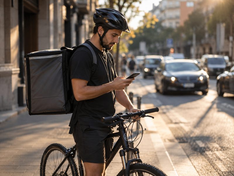 Repartidor con mochila térmica mirando el móvil junto a su bicicleta